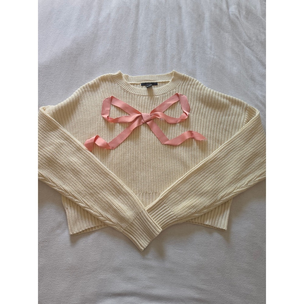 Forever 21 Ivory Cropped Knit Sweater Pink Satin Bow Coquette Cream Large